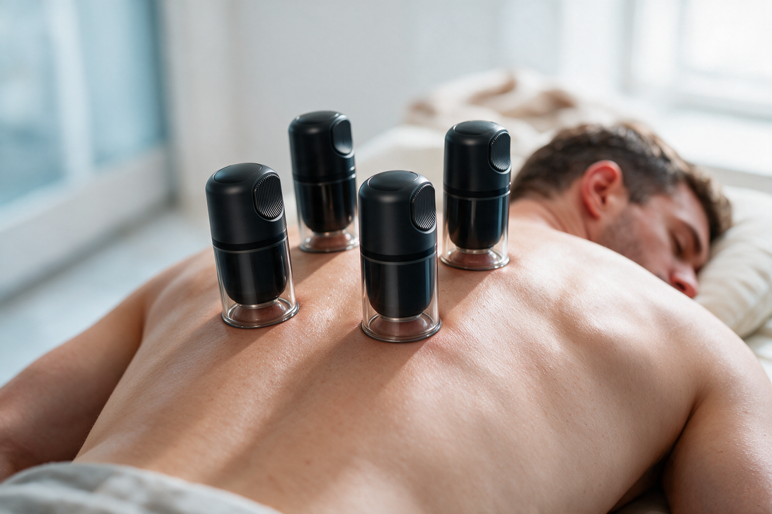 Four accura cupping devices on a man's back during a home recovery session